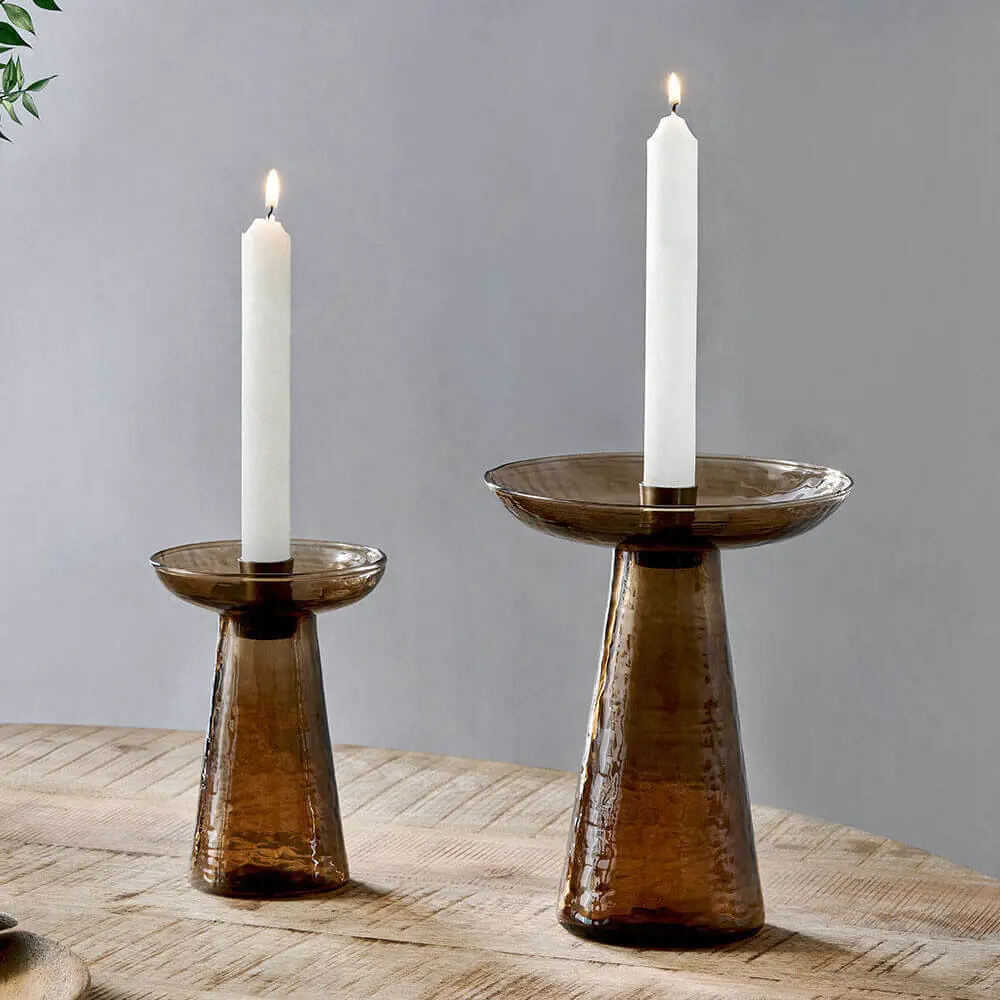 Nkuku Avyn Recycled Glass Candle Holder Smoke Amber Small